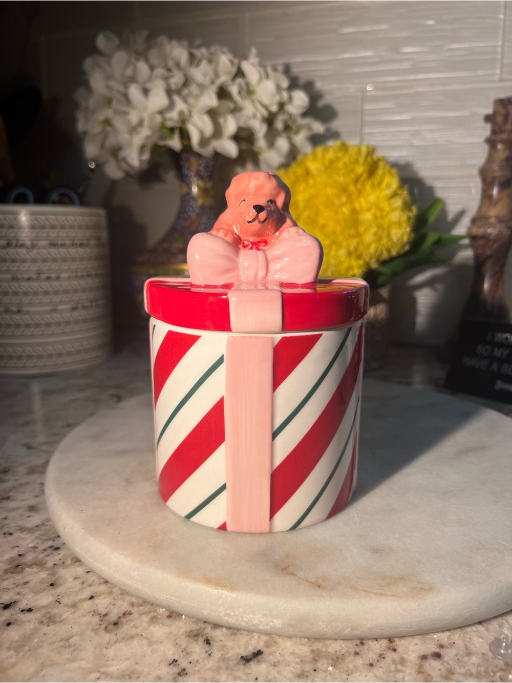 Festive Red & Pink Ceramic Candy Jar with pink poodle Dog New